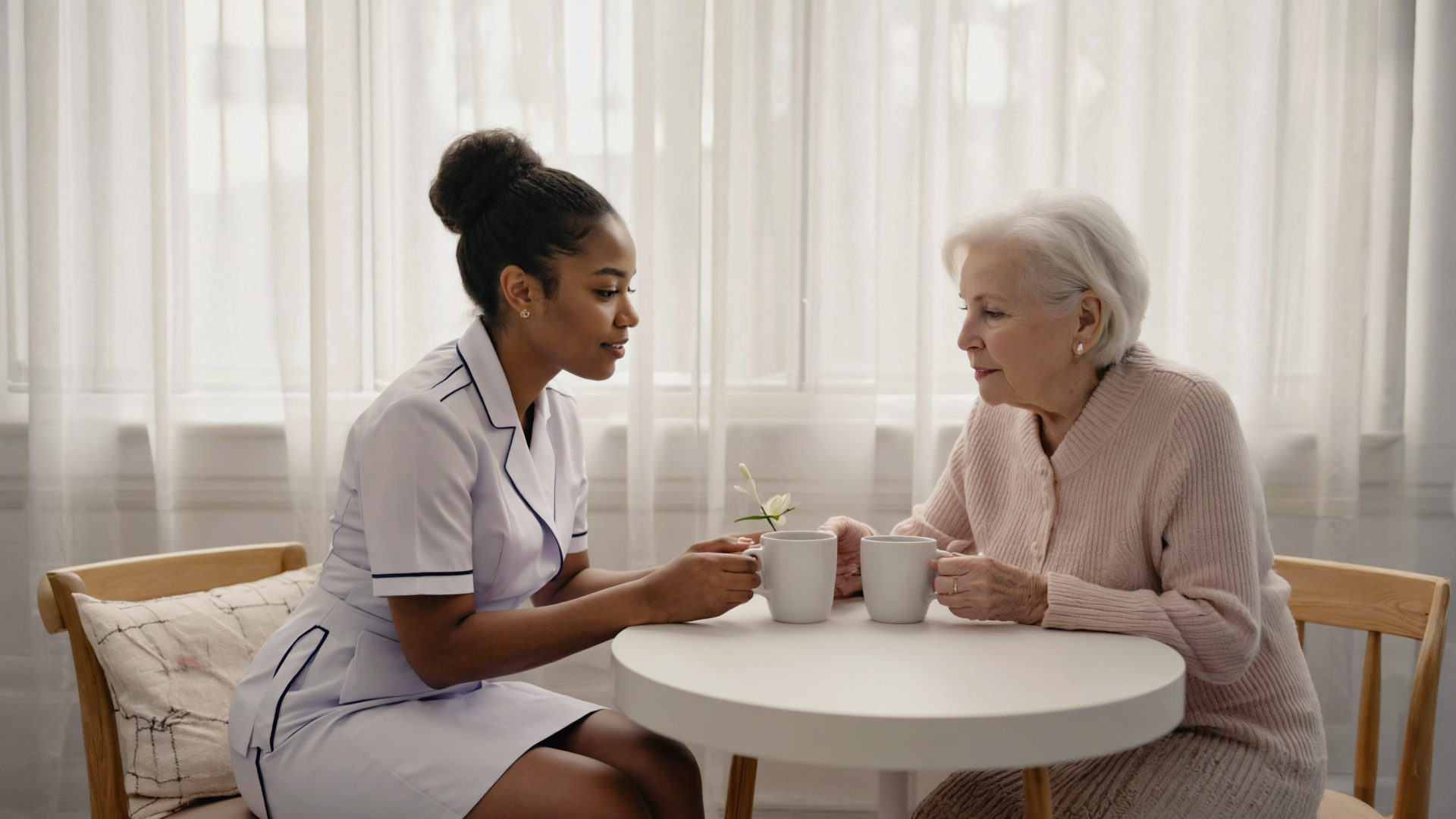 Smiling caregiver providing live-in home care to senior in New Jersey