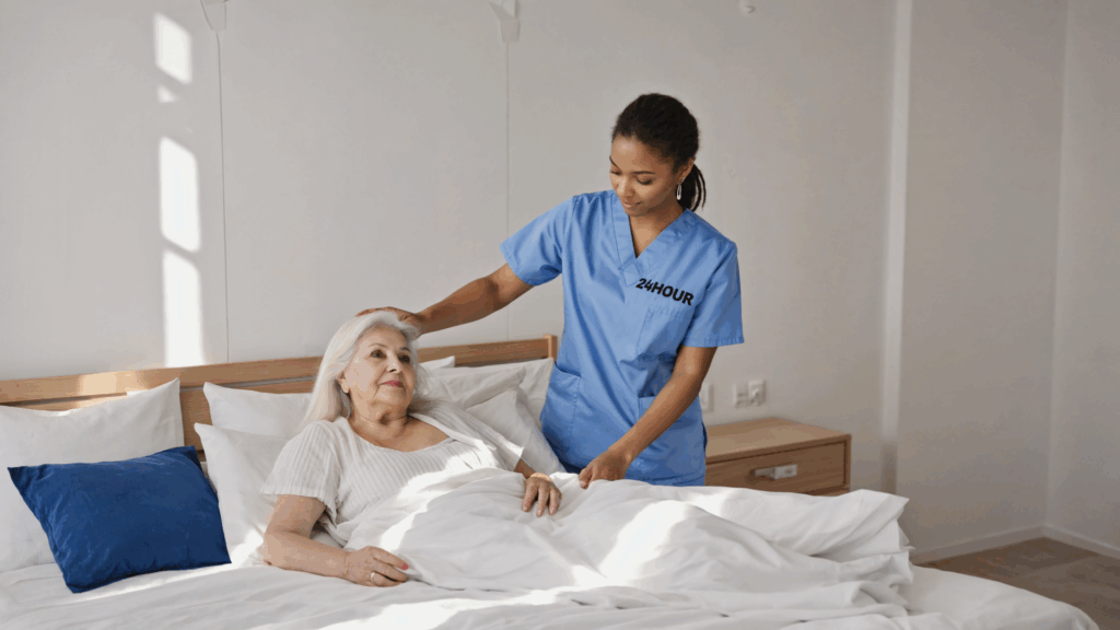 Caregiver supporting elderly client at home in Bergen County NJ — professional 24-hour care from 24 HOUR Home Care NJ.