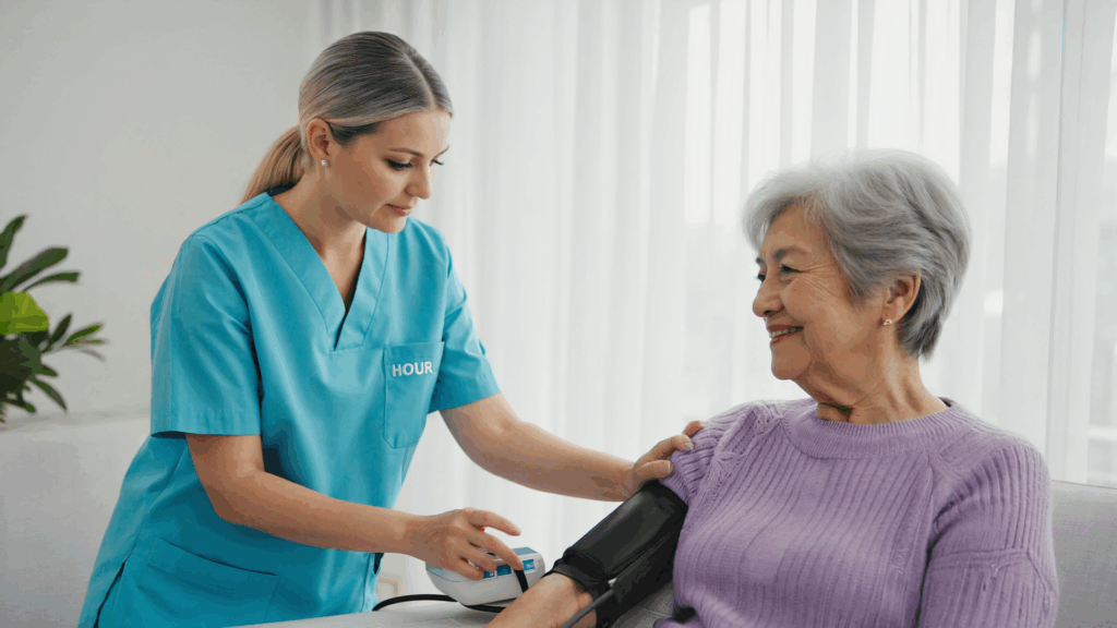 Professional caregiver assisting senior at home across New Jersey — 24-hour home care by 24 HOUR Home Care NJ.