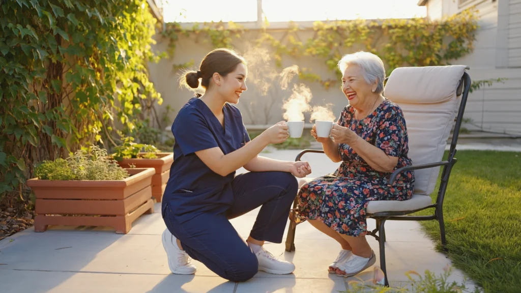Compassionate live-in caregiver assisting senior woman outdoors — 24-hour home care, dementia, Alzheimer’s, Parkinson’s, overnight and long-term in-home care services in New Jersey.