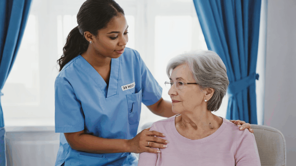  Home aide supporting senior in Ocean County NJ — 24-hour caregiver services by 24 HOUR Home Care NJ.