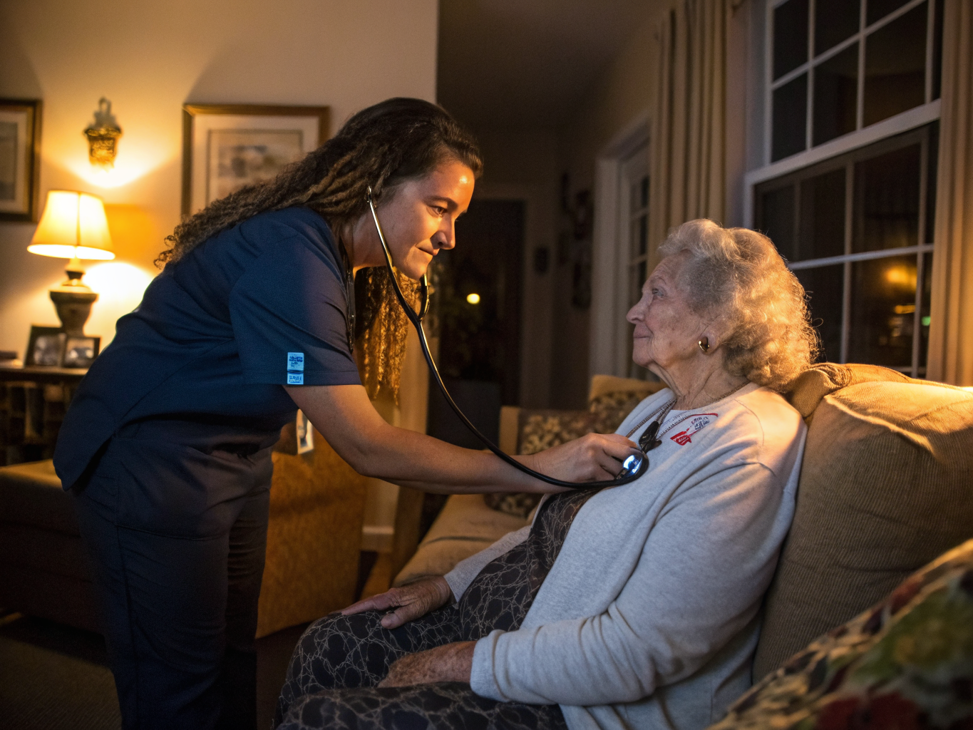 24-hour home care aide assisting a senior at night in Lakewood NJ Ocean County