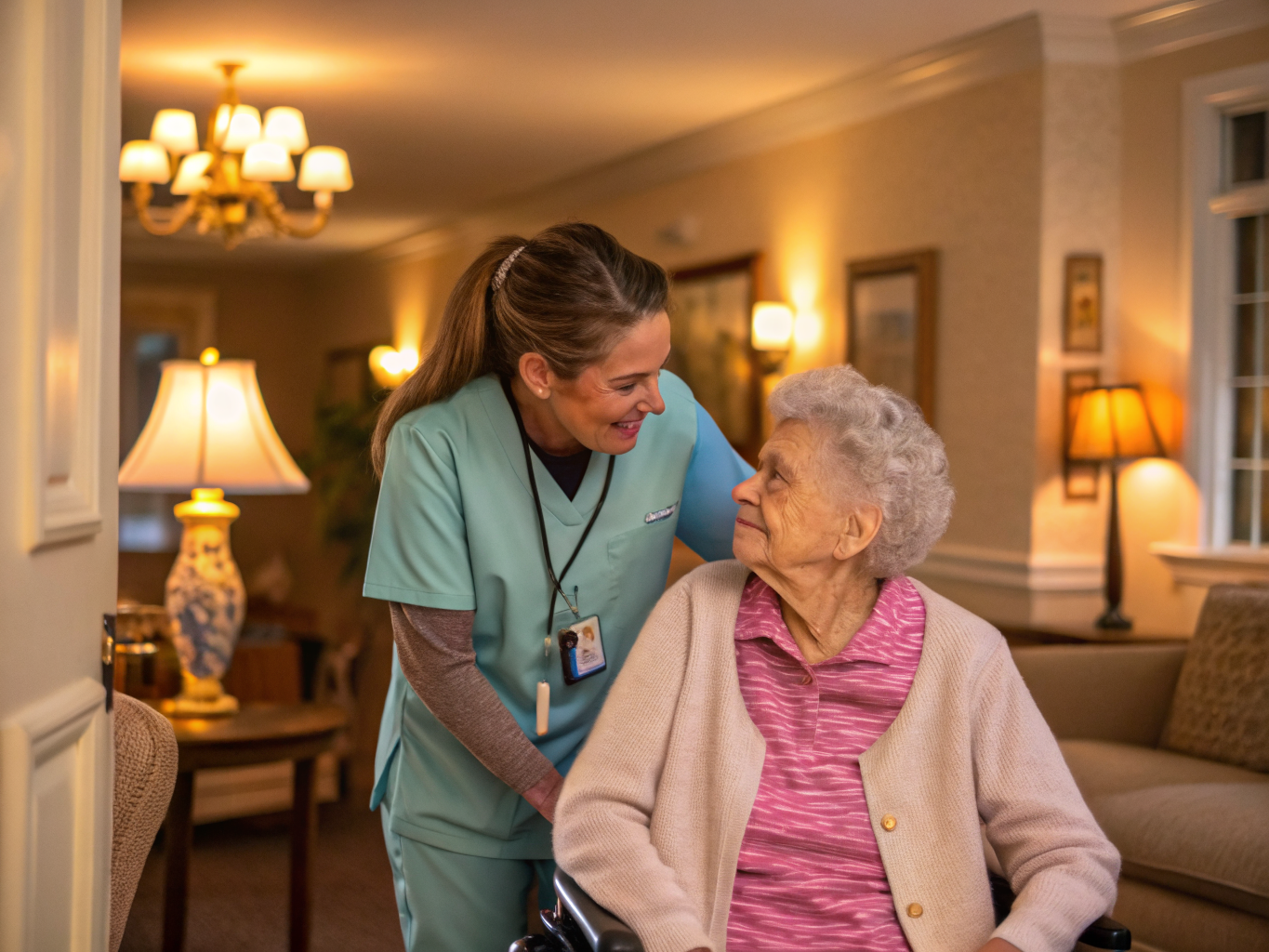 24-hour home care aide assisting a senior at night in Manchester/Whiting NJ Ocean County
