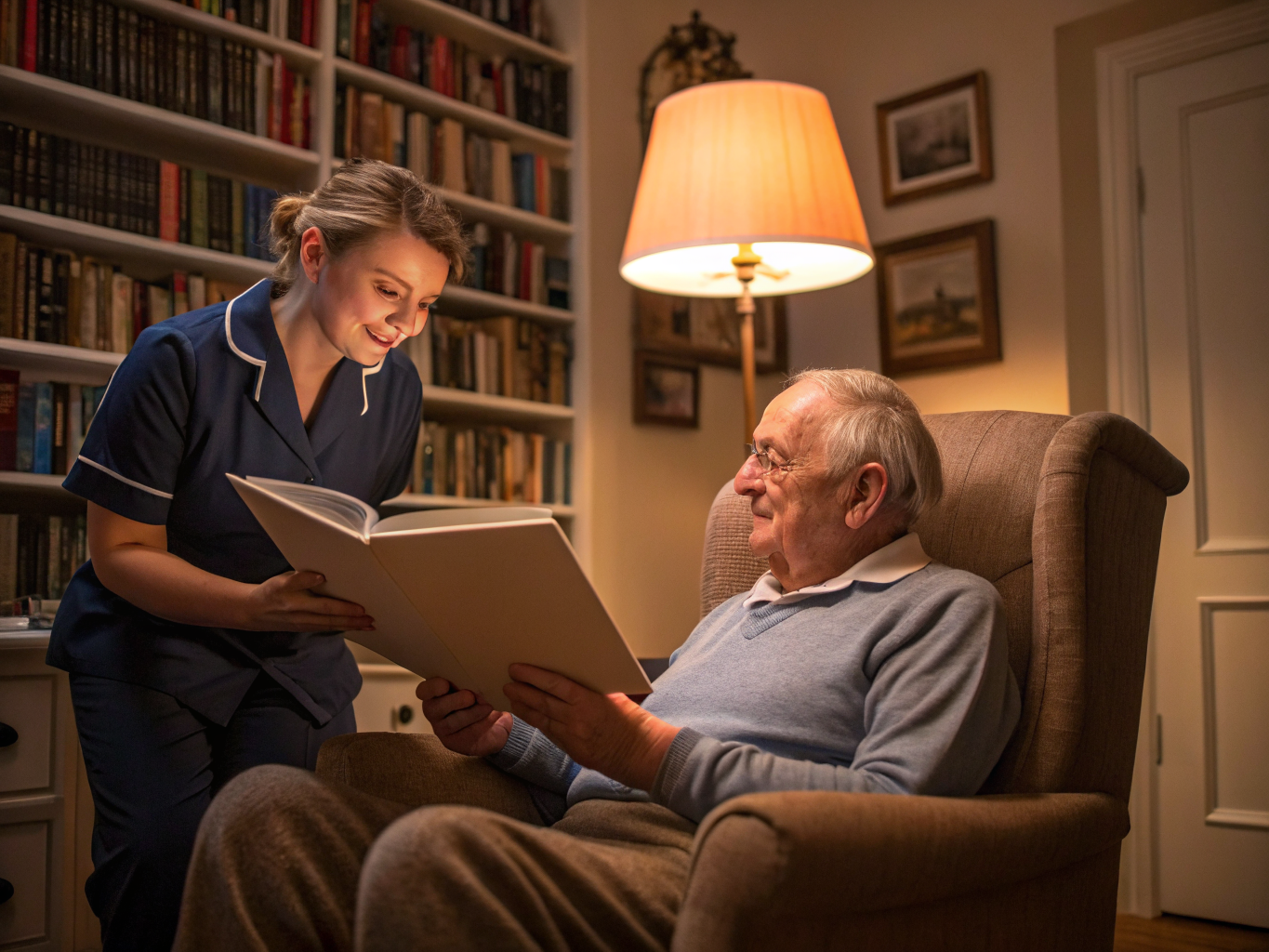 Live-in adult caregiver reading book aloud to senior in Essex County NJ — evening companionship near Livingston