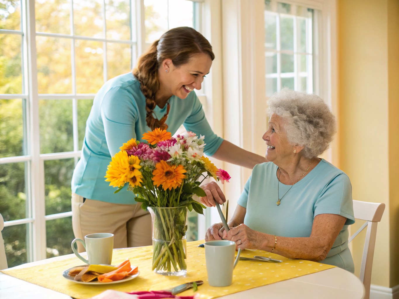 Live-in adult caregiver and senior arranging flowers at dining table in Middlesex County NJ — meaningful daily activities near Edison