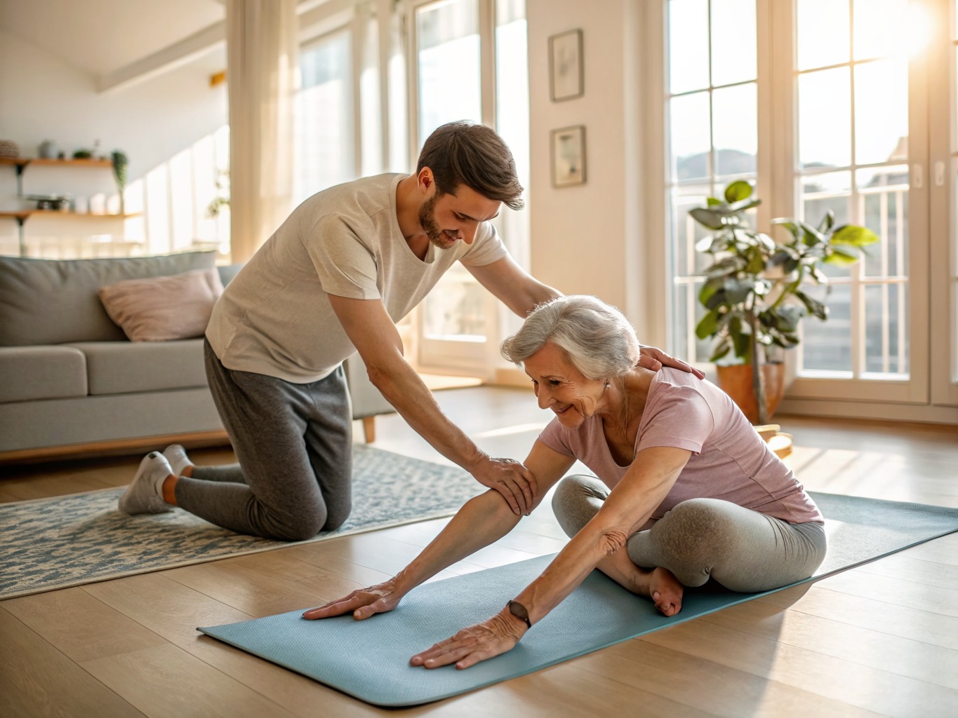 Live-in adult caregiver guiding senior through gentle yoga in Morris County NJ — wellness support near Morristown