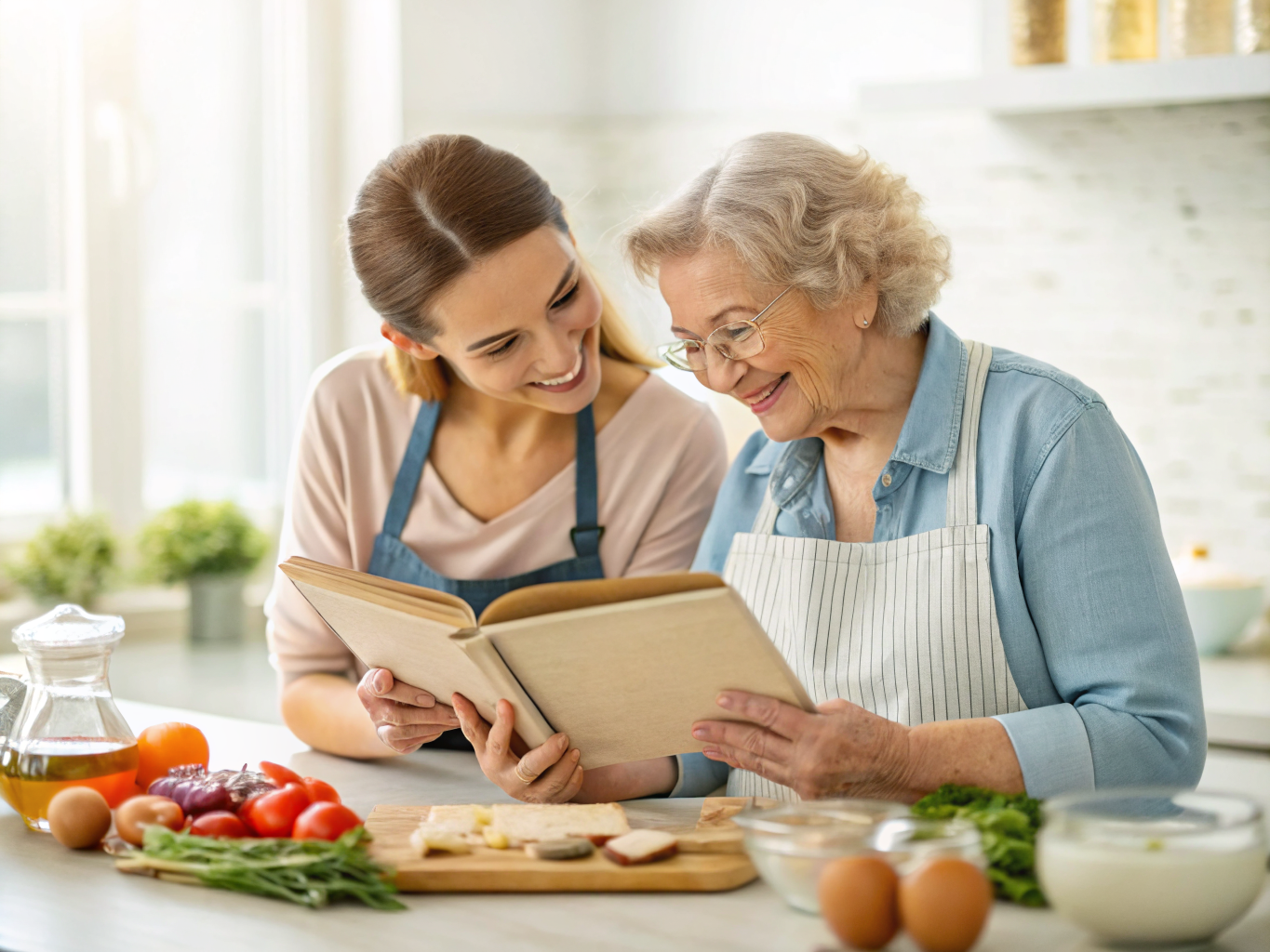 Live-in adult caregiver and senior looking at family recipe book together in Somerset County NJ — cooking memories near Basking Ridge