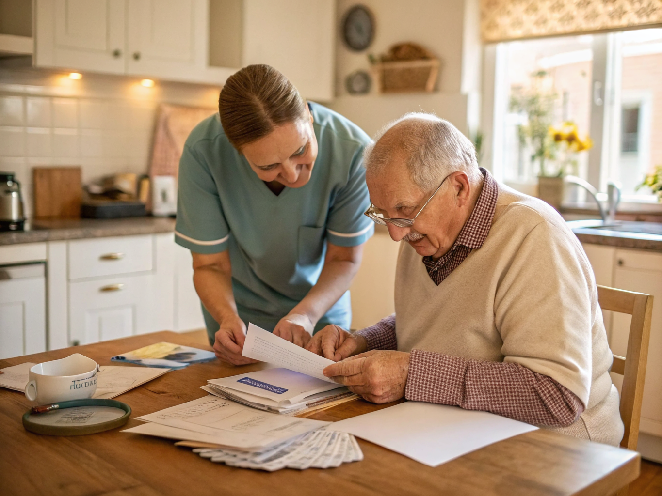 Live-in adult caregiver helping senior sort mail at kitchen table in Union County NJ — daily task support near Westfield