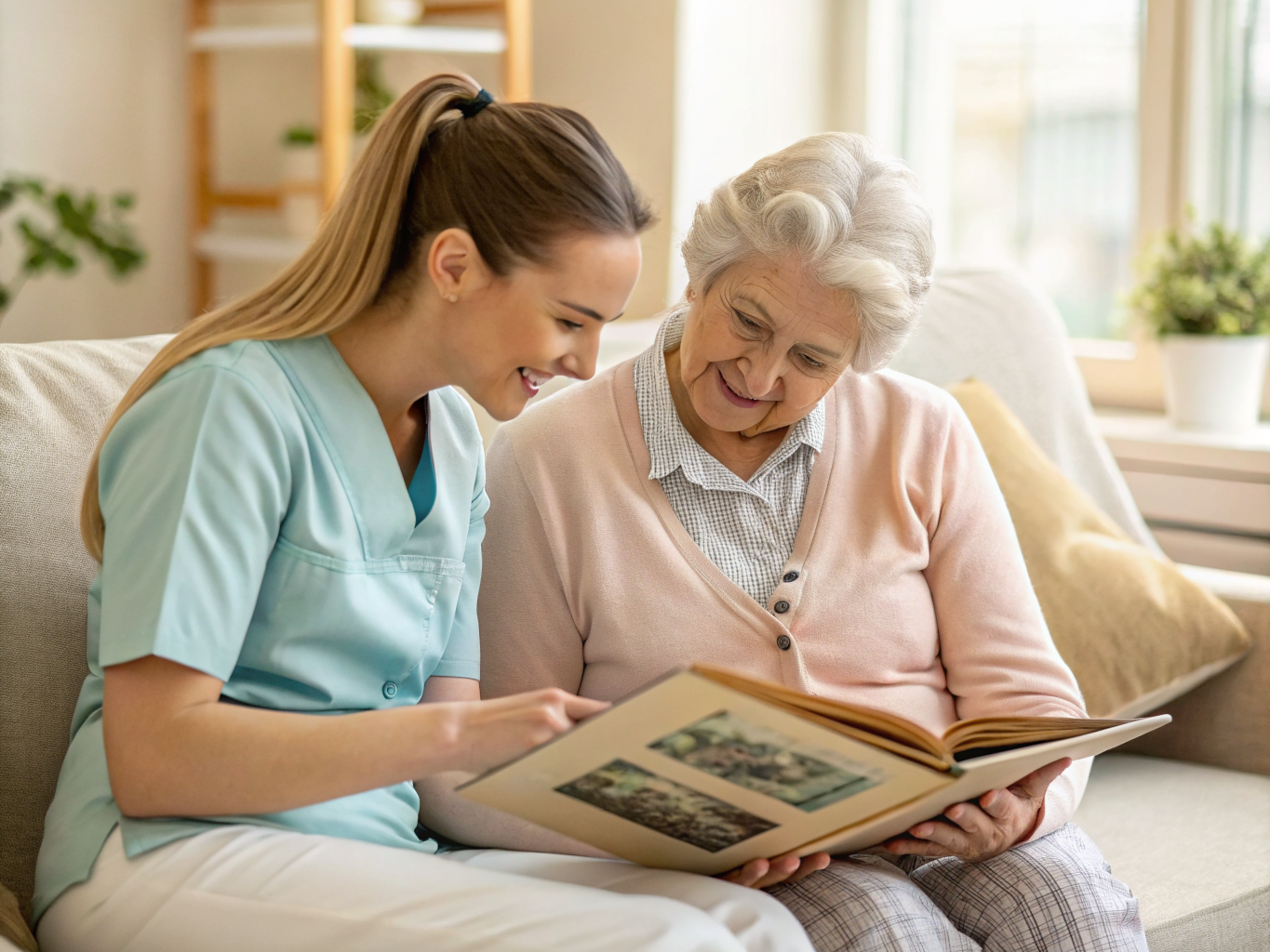 Alzheimer's memory care at Cedar Crest Village Pompton Plains NJ — caregiver and senior reviewing family photos