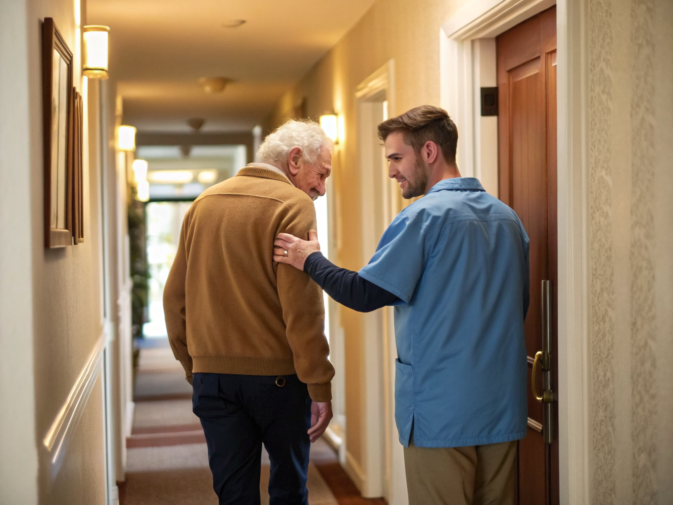 Alzheimer's wandering prevention at Cedar Crest Village Pompton Plains NJ — caregiver gently redirecting senior from door