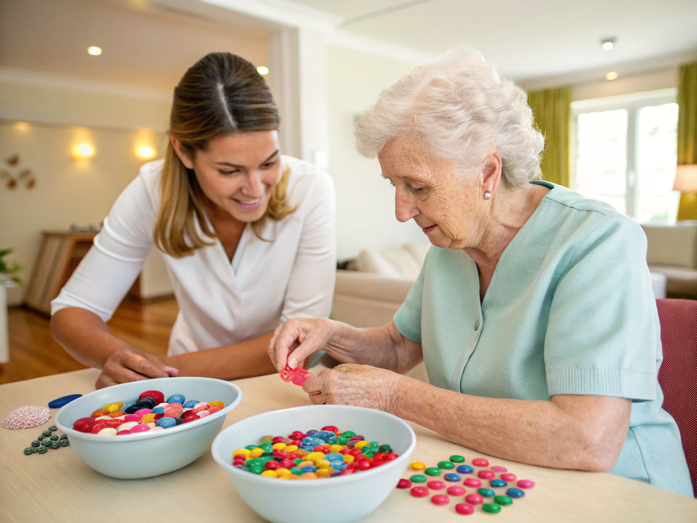 Alzheimer's cognitive activity at Cedar Crest Village Pompton Plains NJ — caregiver and senior sorting colorful buttons