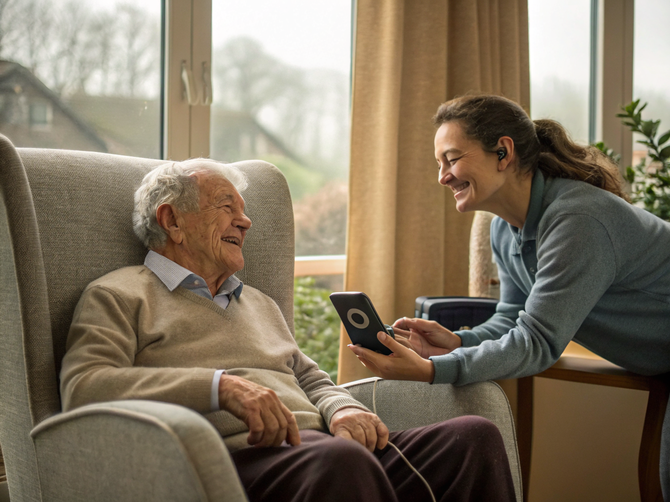 Alzheimer's music therapy at Cedar Crest Village Pompton Plains NJ — caregiver playing familiar songs for senior