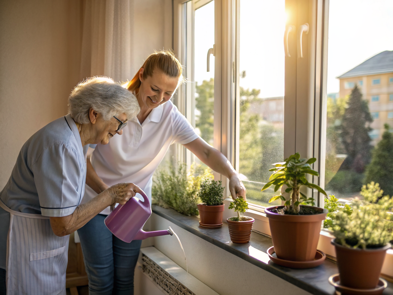 Alzheimer's guided activity at Cedar Crest Village Pompton Plains NJ — caregiver helping senior water plants with hand-over-hand