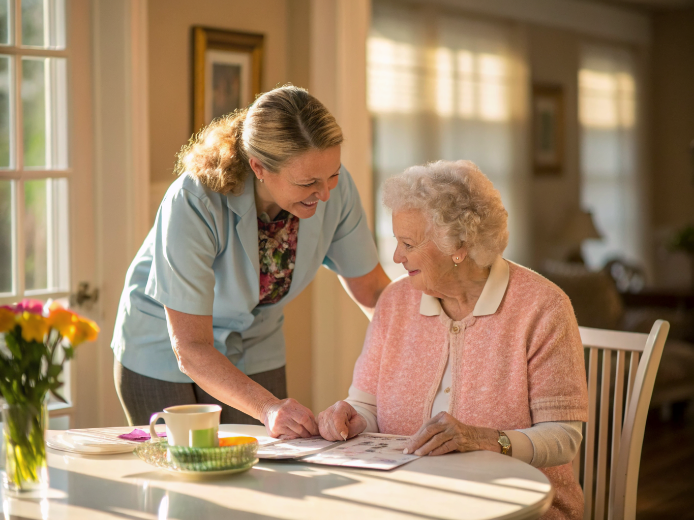 Alzheimer's care aide assisting a senior with memory exercises in New Jersey