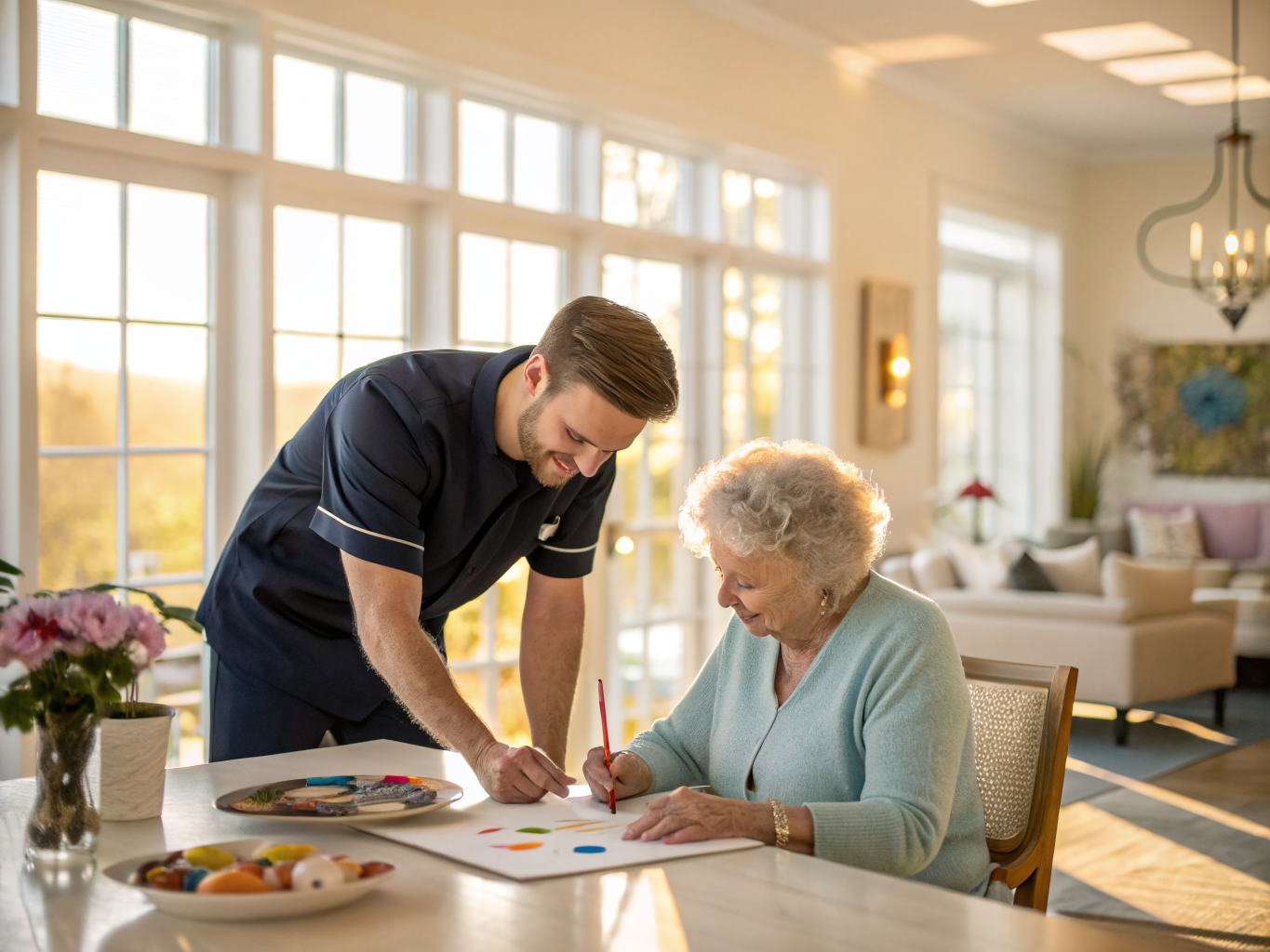 Alzheimer's care at home NJ — therapeutic art activities with trained caregiver