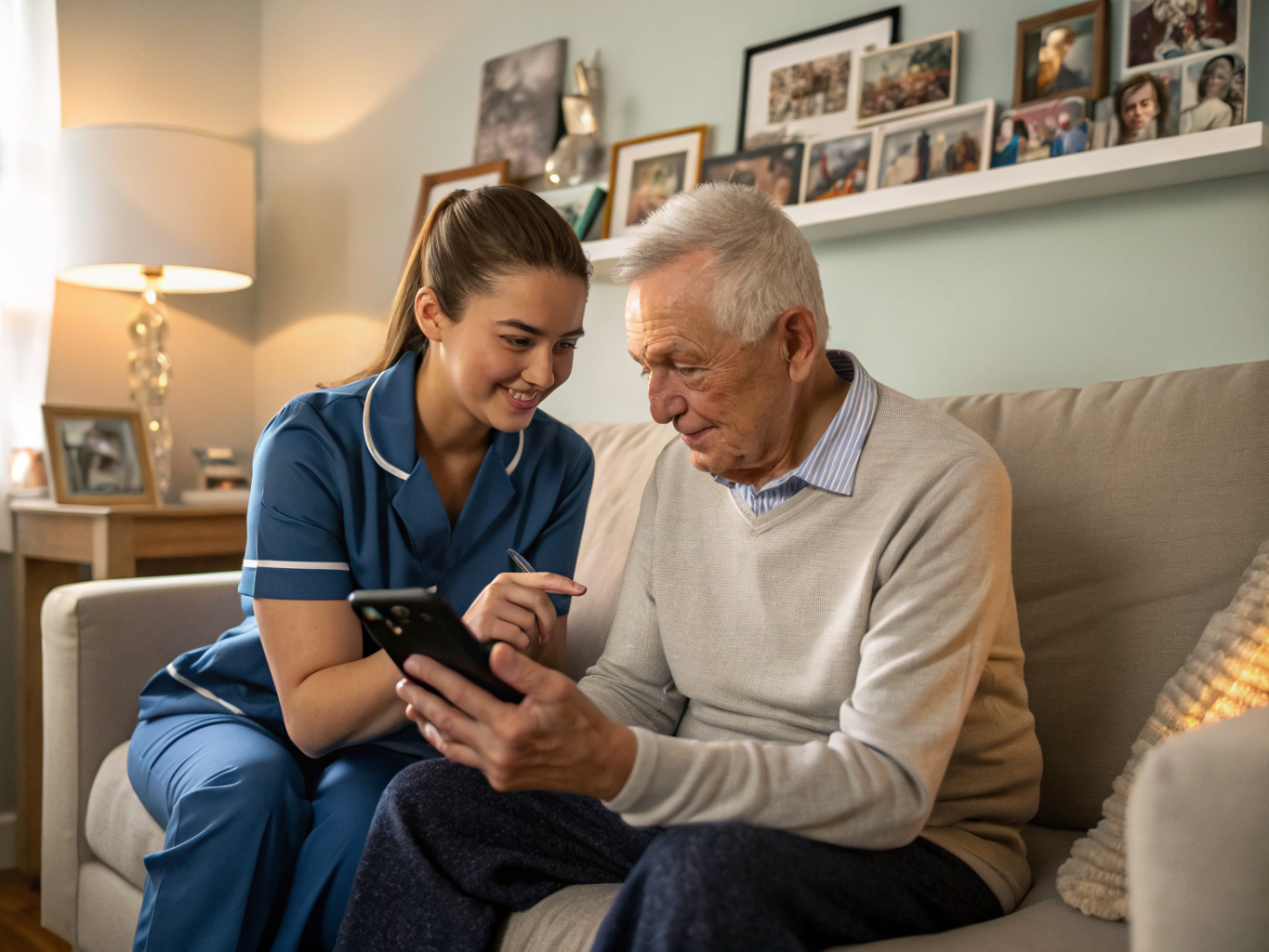 Live-in adult nanny in Essex County NJ — caregiver teaching senior to use smartphone near Livingston