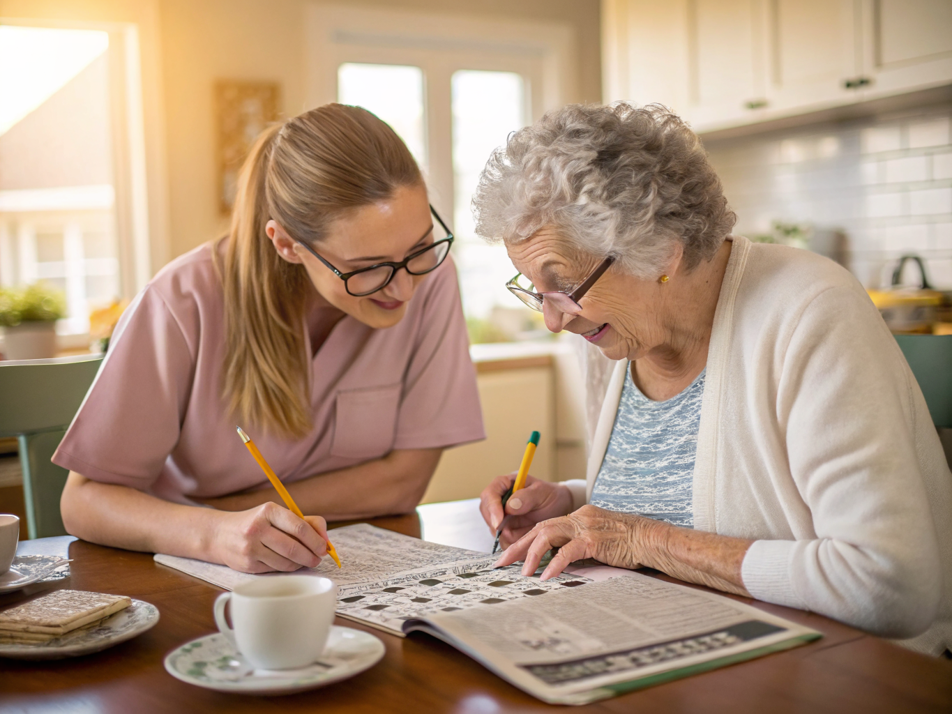 Live-in adult nanny in Middlesex County NJ — caregiver and senior working on crossword puzzle together near Edison