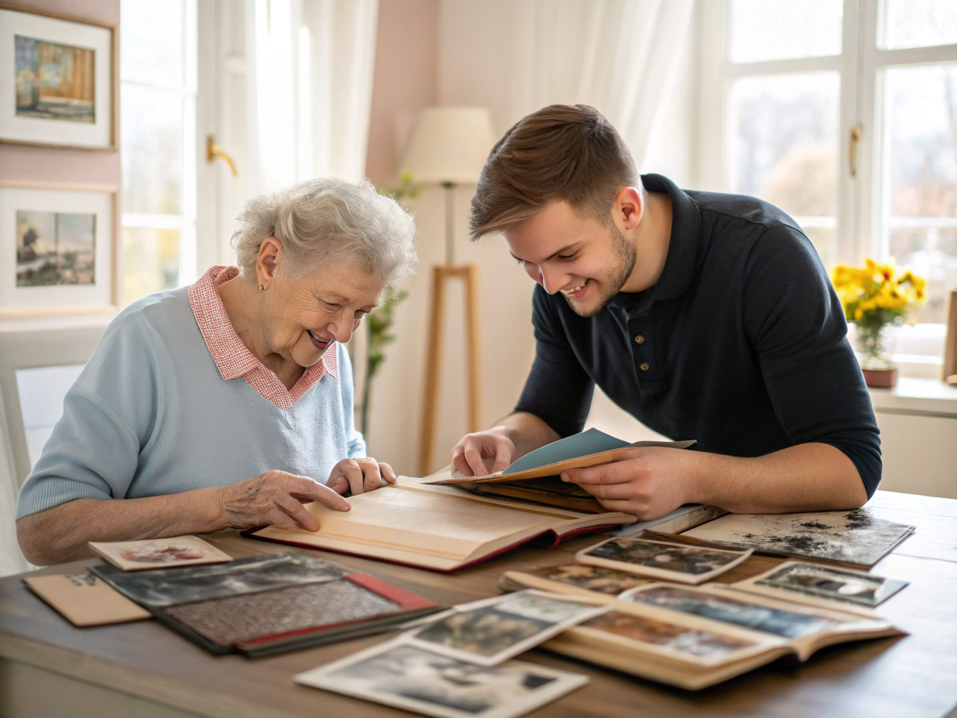 Live-in adult nanny in Morris County NJ — caregiver and senior organizing photo albums together near Morristown