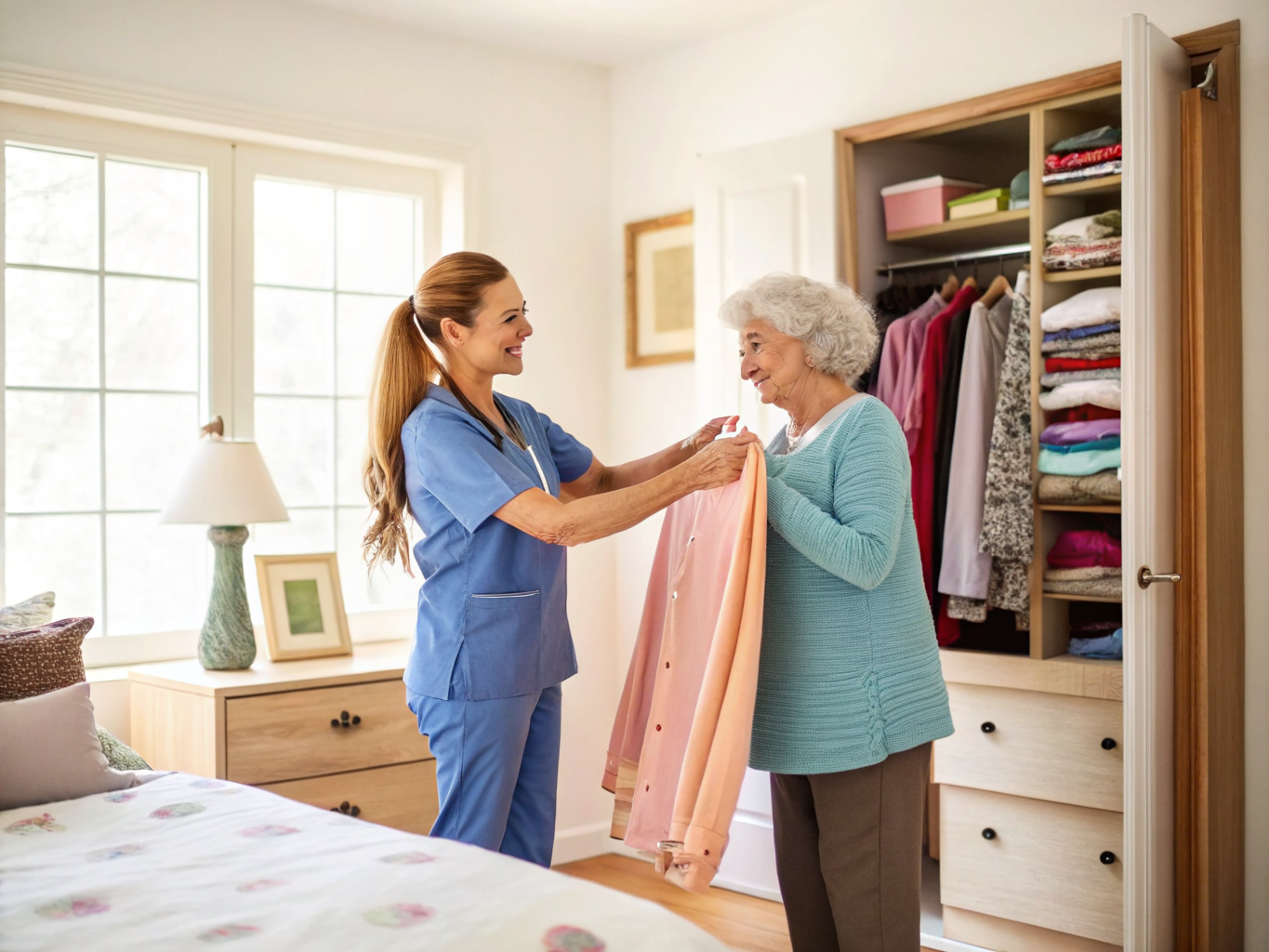 Live-in adult nanny in Somerset County NJ — caregiver helping senior choose morning outfit near Basking Ridge