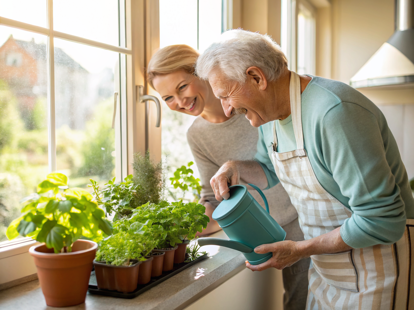 Live-in adult nanny in Union County NJ — caregiver and senior tending herb garden on windowsill near Westfield