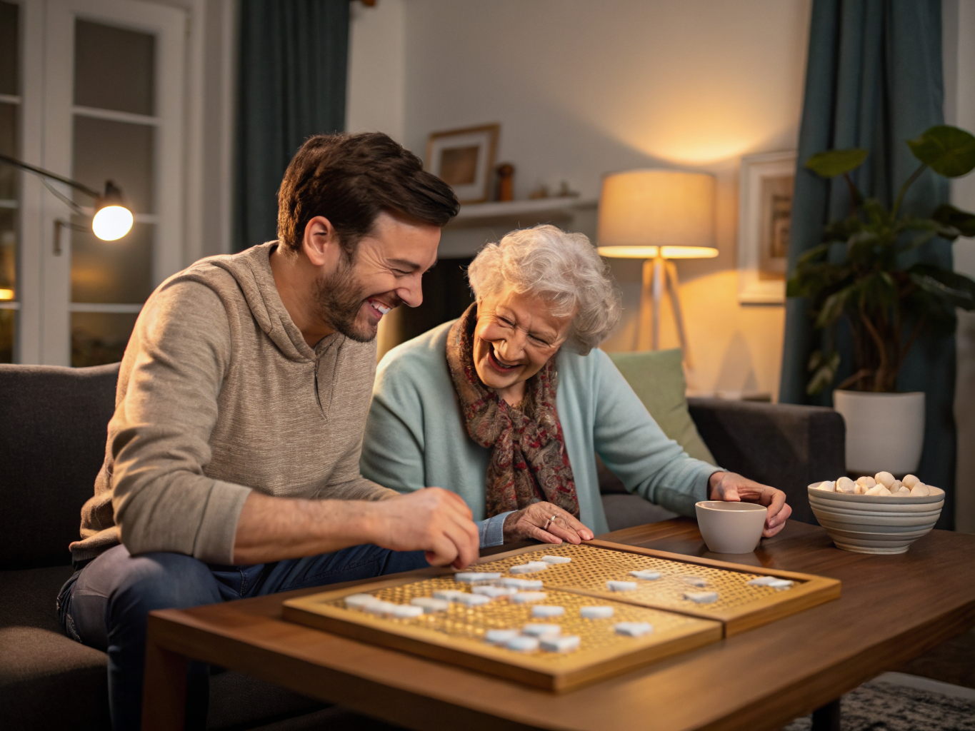 Live-in adult sitter in Morris County NJ — caregiver and senior playing board game together near Morristown