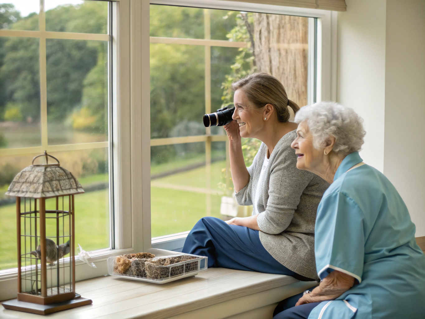 Live-in adult sitter in Somerset County NJ — caregiver and senior birdwatching through window near Basking Ridge