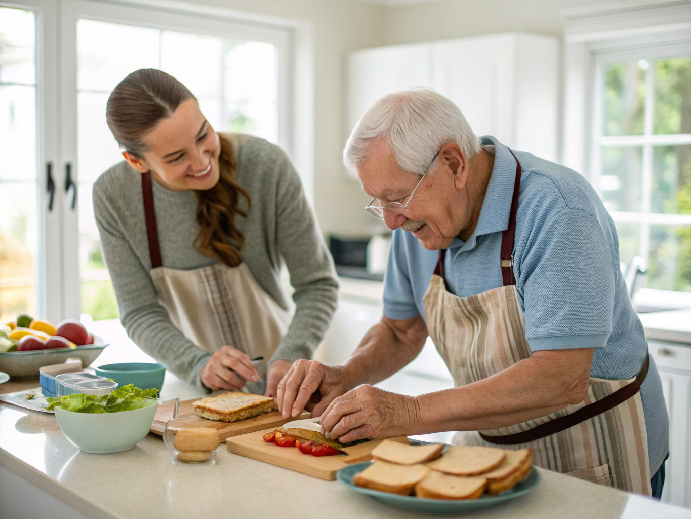 Live-in adult sitter in Union County NJ — caregiver and senior making lunch together at kitchen counter near Westfield
