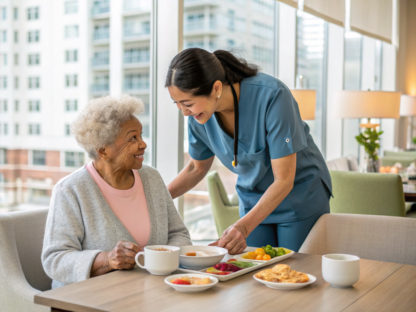 Home health aide providing care at CareOne at Wellington in Hackensack Bergen County NJ