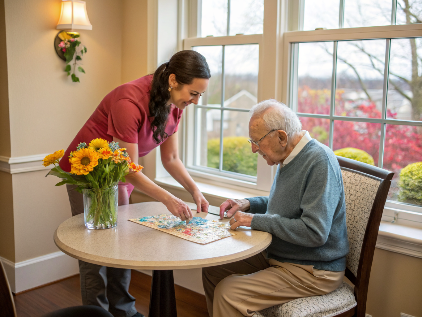 Home health aide providing care at Mill Gardens at Midland Park in Midland Park Bergen County NJ