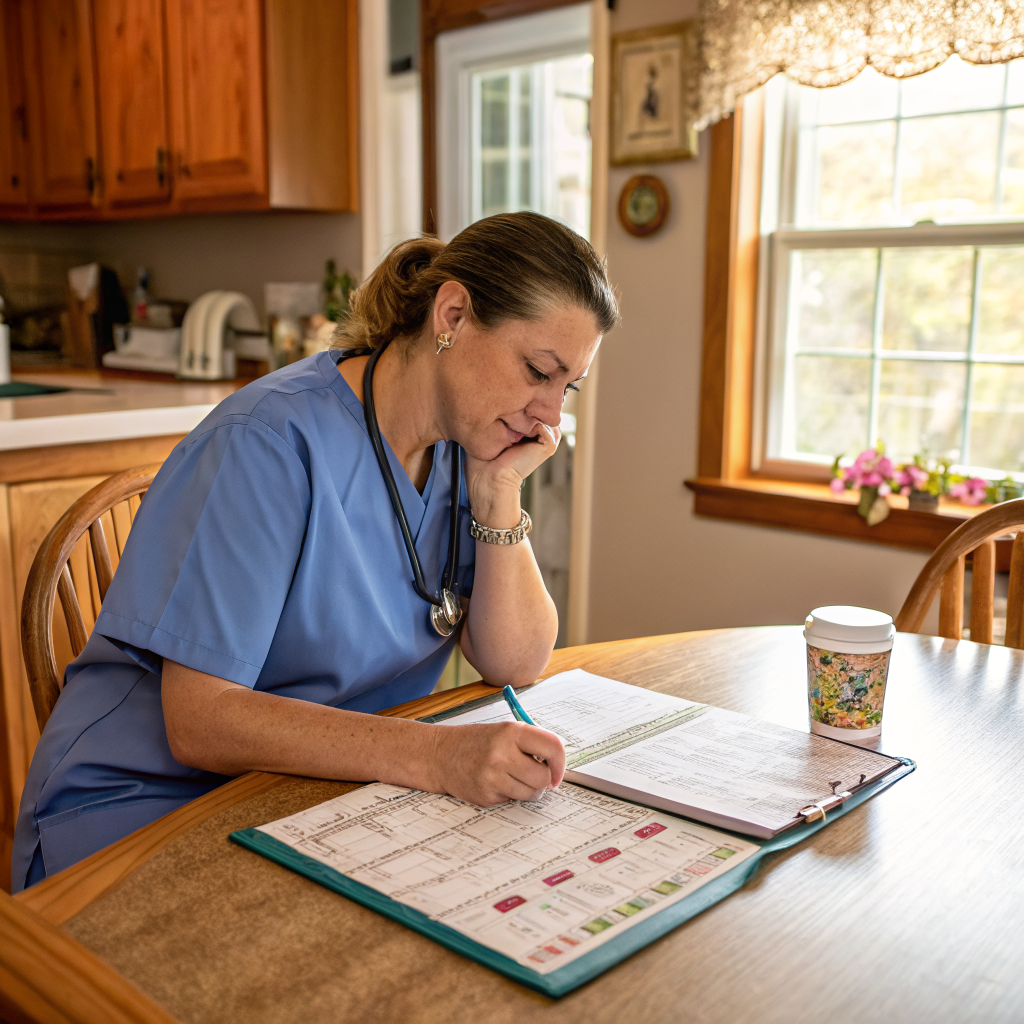 NJ home health aide reviewing shift schedule options — overnight per diem live-in hourly
