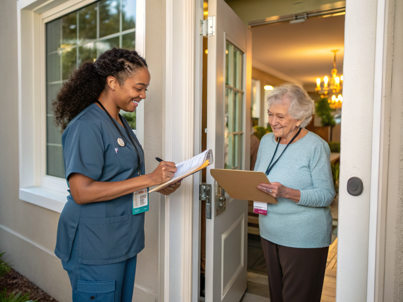 24-hour care shift handoff at Cedar Crest Village Pompton Plains NJ — caregivers exchanging notes