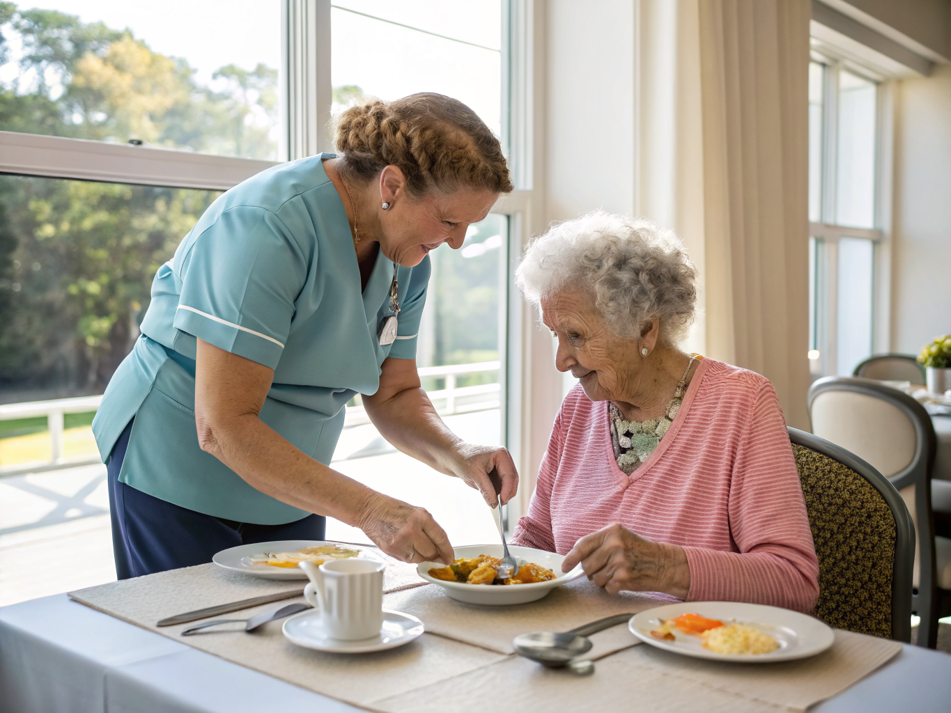 24-hour caregiver helping senior eat lunch at Cedar Crest Village Pompton Plains NJ — feeding assistance