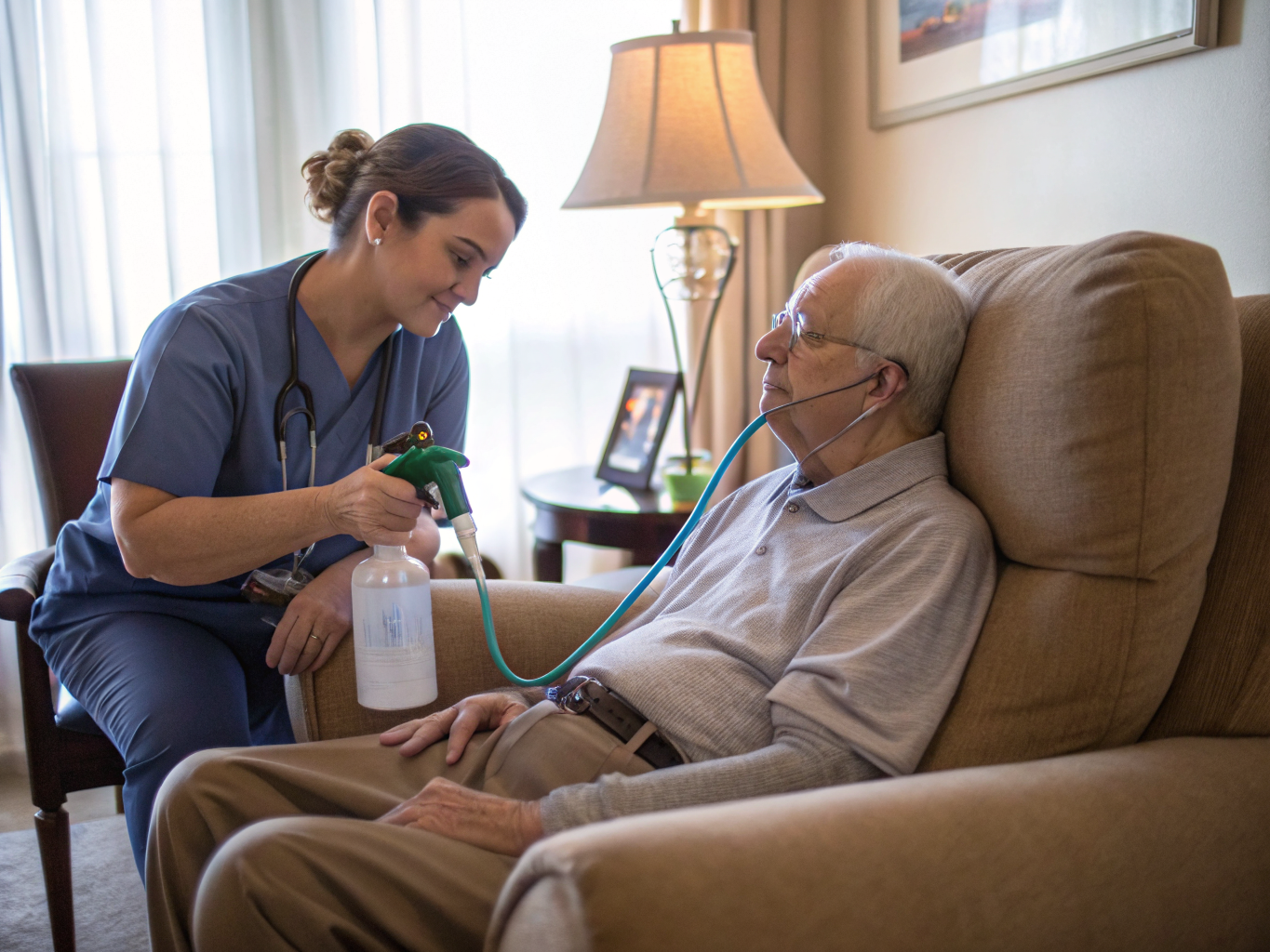 24-hour caregiver checking oxygen equipment for senior at Cedar Crest Village Pompton Plains NJ — medical monitoring
