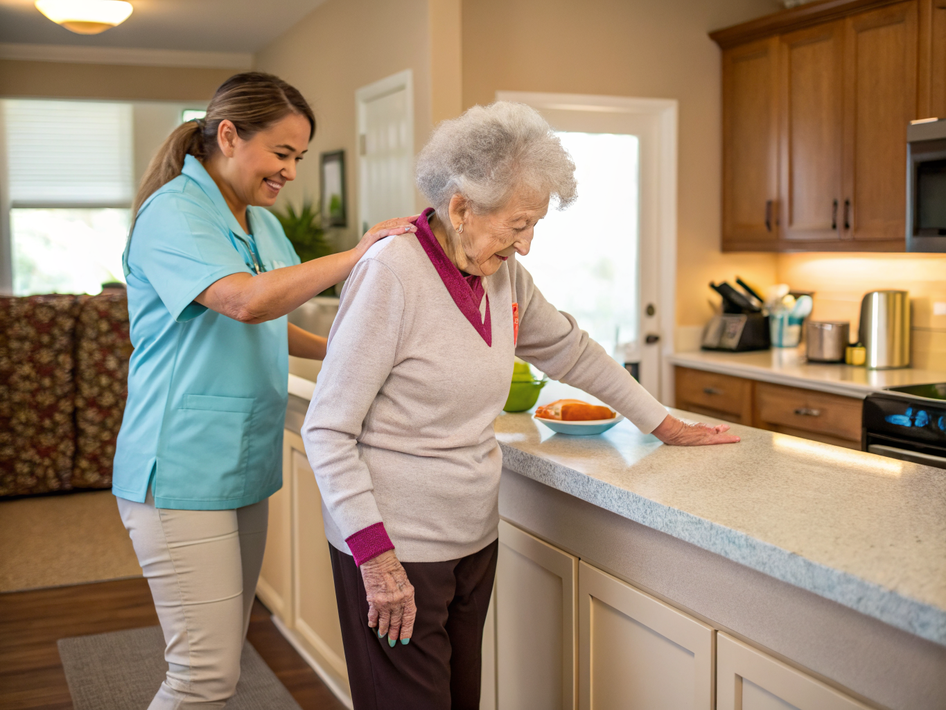 24-hour caregiver guiding senior through standing exercises at Cedar Crest Village Pompton Plains NJ — rehabilitation