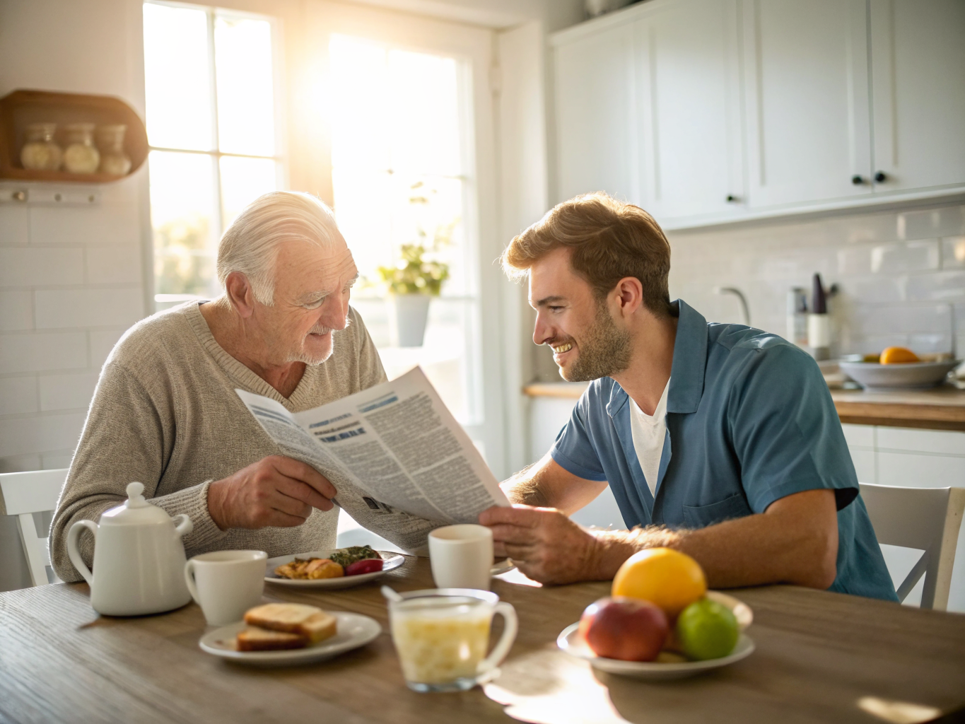 Companion aide reading newspaper to senior at breakfast in Essex County NJ — morning routine near Livingston
