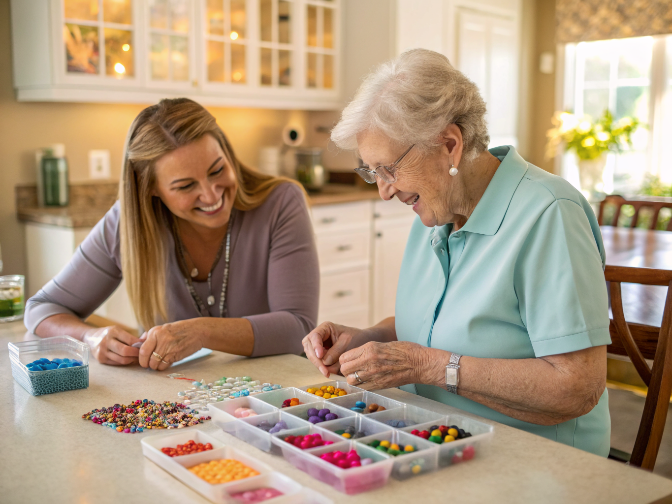 Companion aide and senior making bracelets together in Middlesex County NJ — creative engagement near Edison