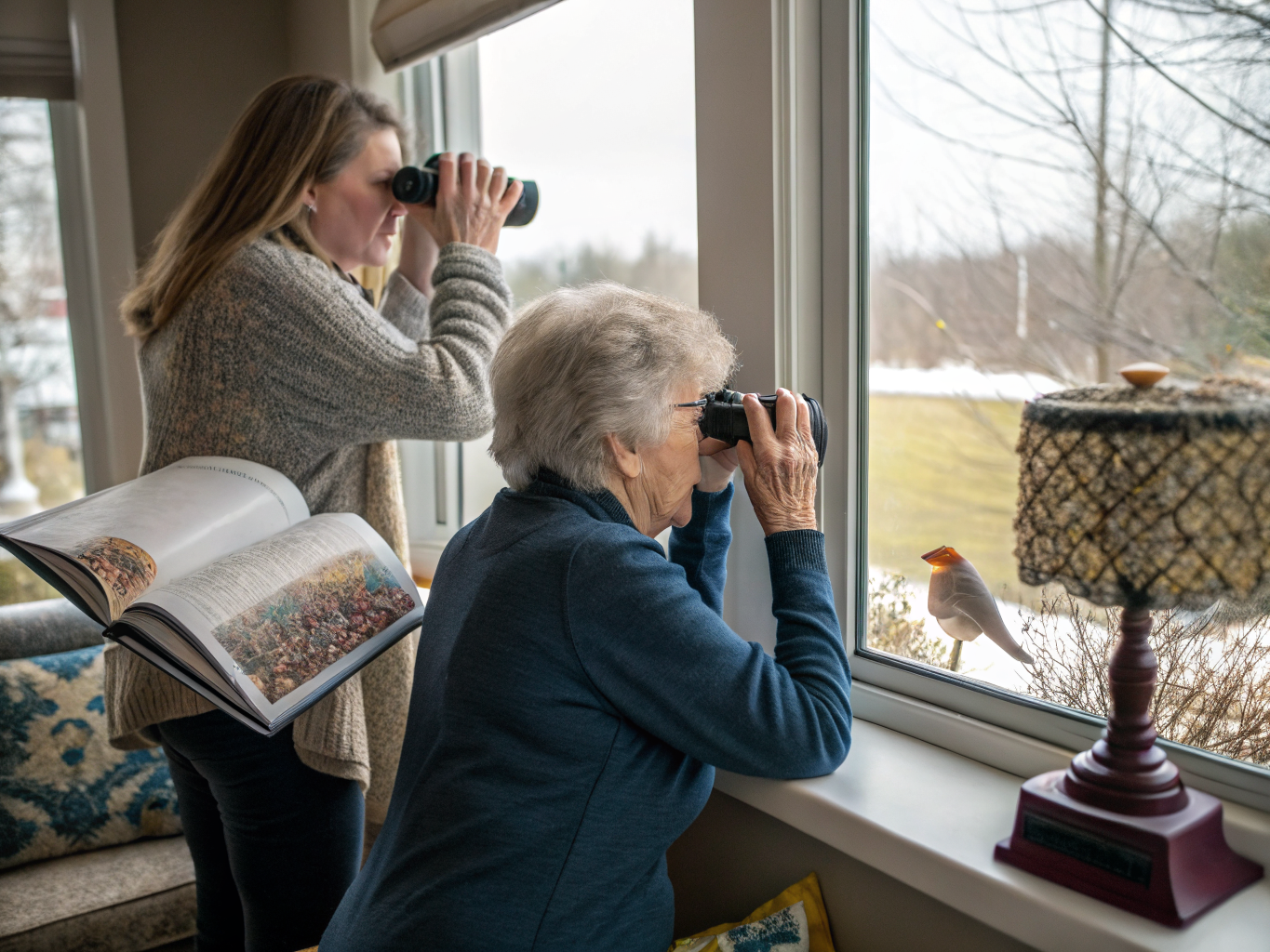 Companion aide and senior birdwatching through window in Morris County NJ — nature connection near Morristown