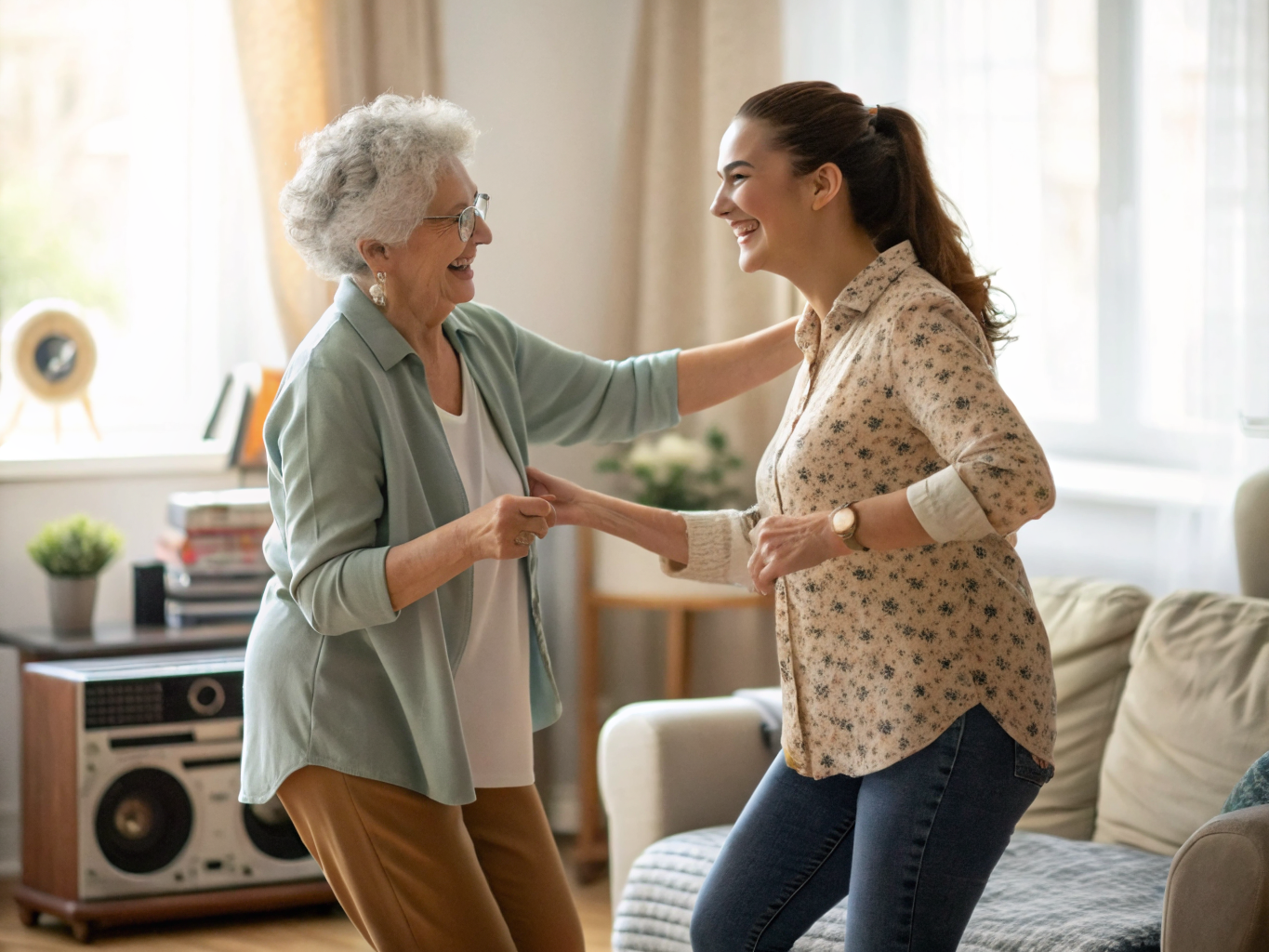 Companion aide and senior dancing slowly to music in Somerset County NJ — joyful moment near Basking Ridge