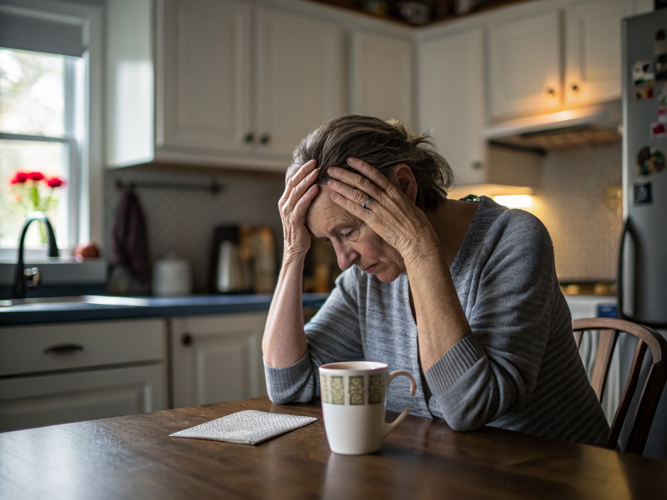 Exhausted family caregiver experiencing burnout at kitchen table in New Jersey home