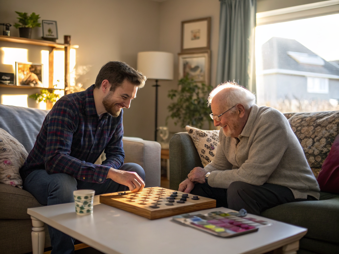 Companion home care in Essex County NJ — caregiver and senior playing checkers near Livingston