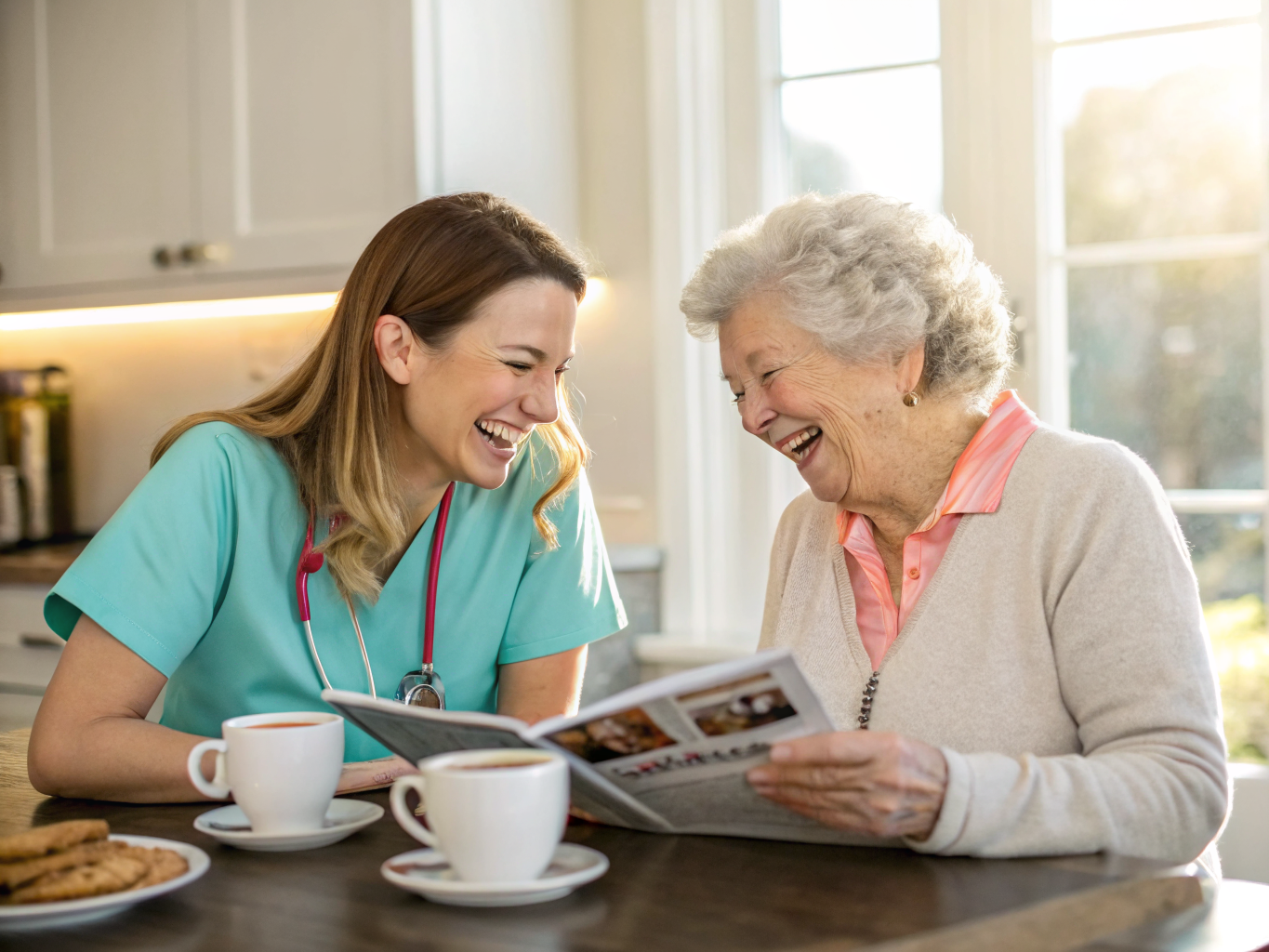 Companion home care in Middlesex County NJ — caregiver and senior laughing over magazine near Edison