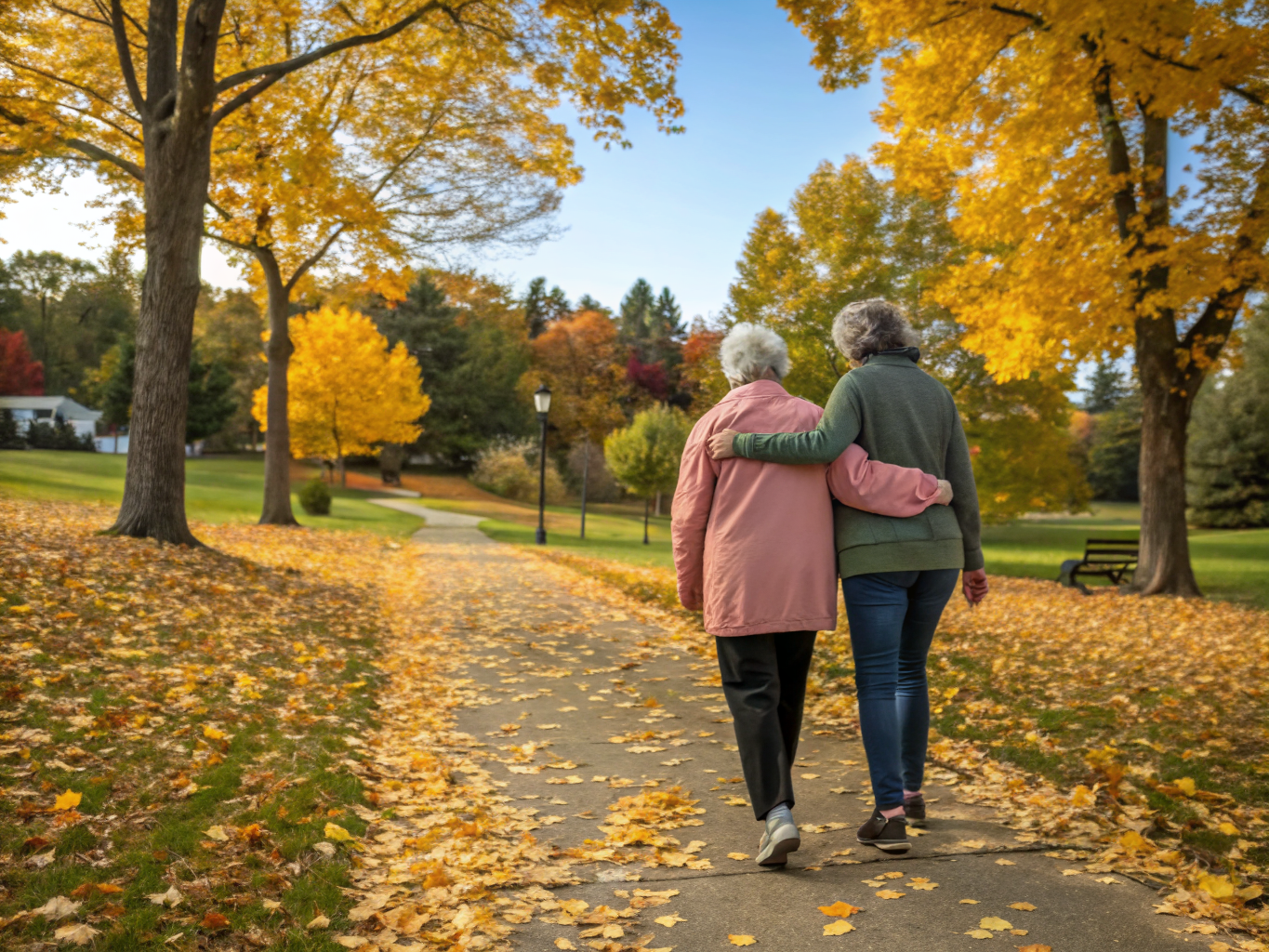 Companion home care in Morris County NJ — caregiver walking with senior through autumn park near Morristown