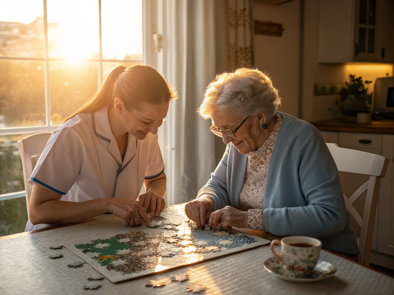 Companion home care in Somerset County NJ — caregiver and senior doing jigsaw puzzle together near Basking Ridge