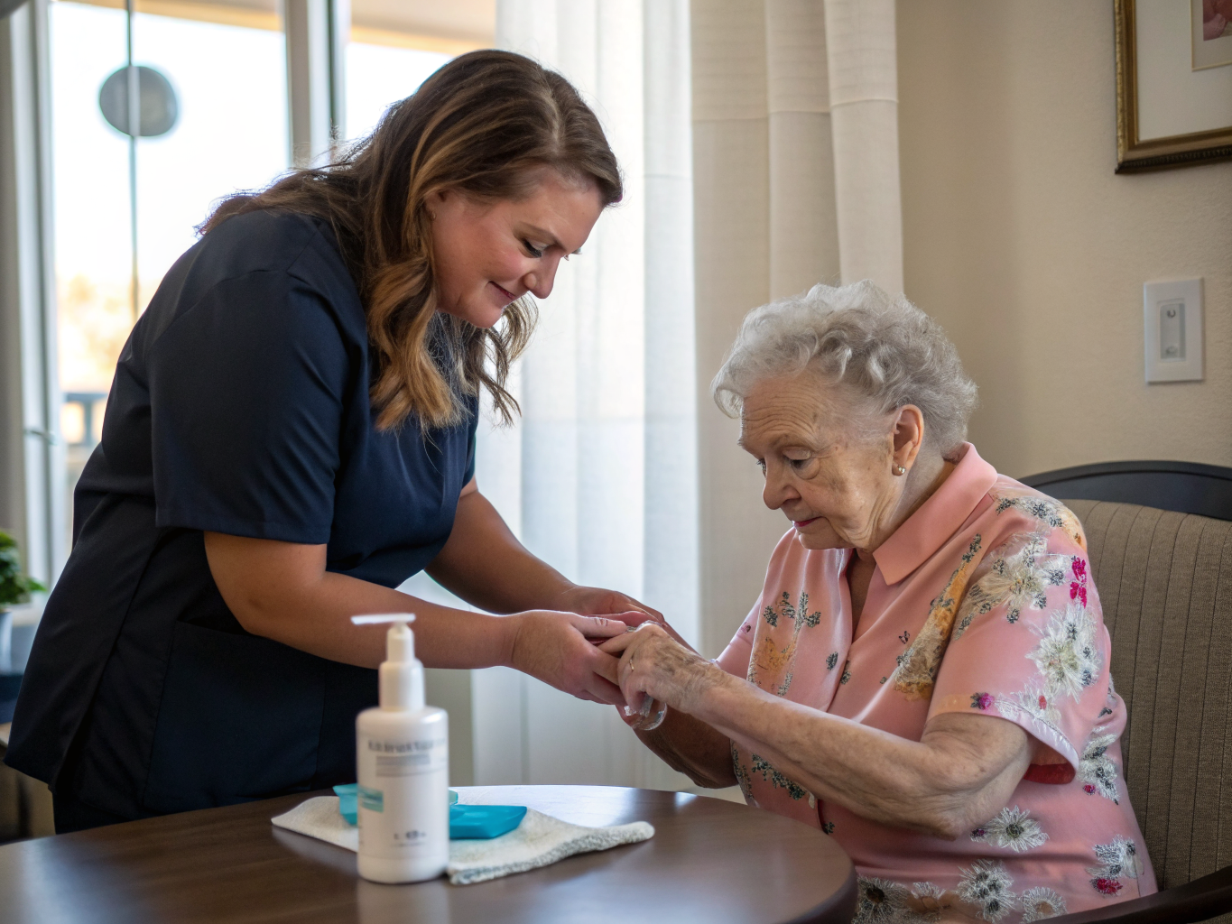 24-hour caregiver providing hand massage therapy at Cedar Crest Village Pompton Plains NJ — gentle morning care