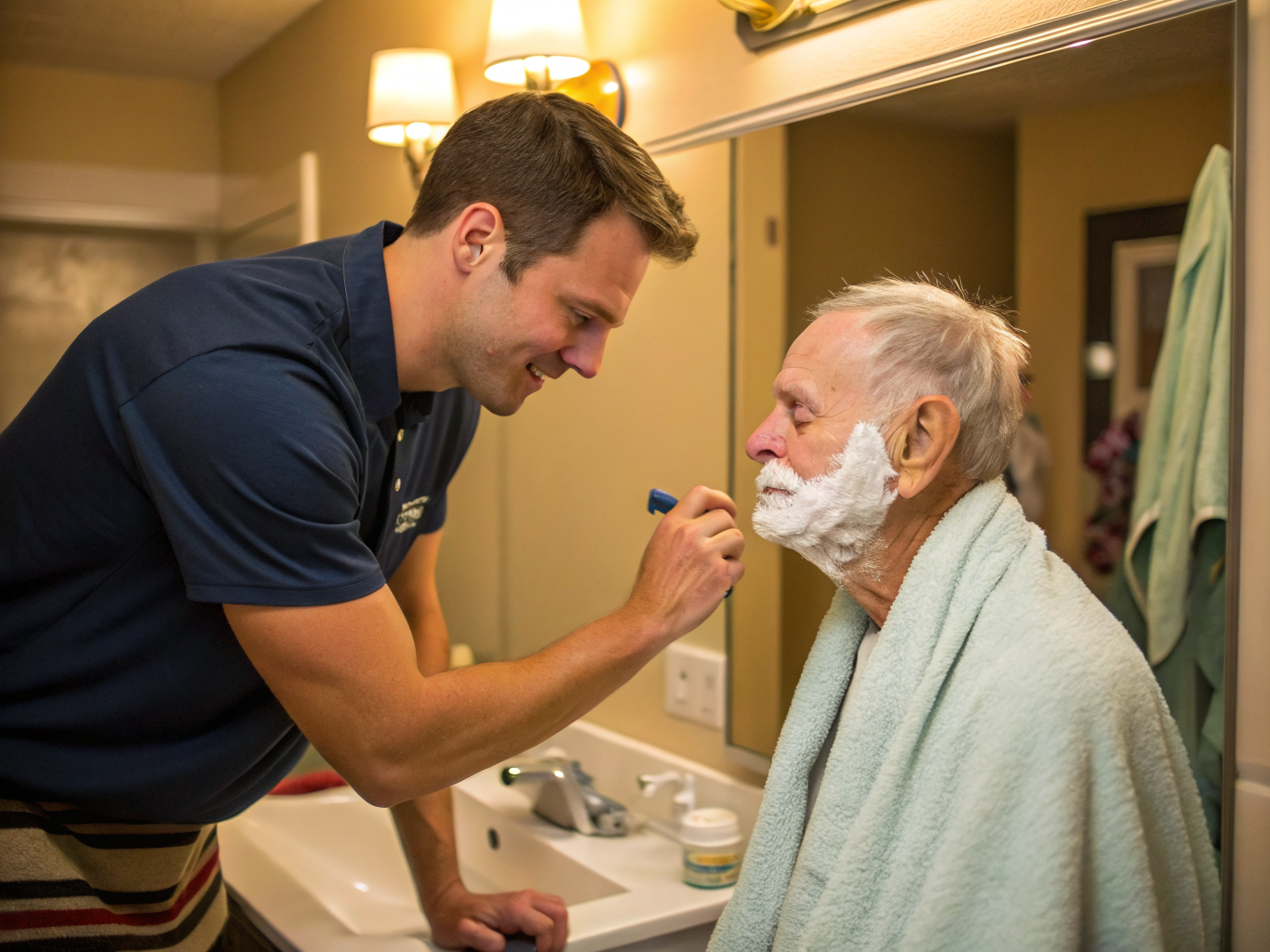 24-hour caregiver helping senior shave at Cedar Crest Village Pompton Plains NJ — morning grooming assistance