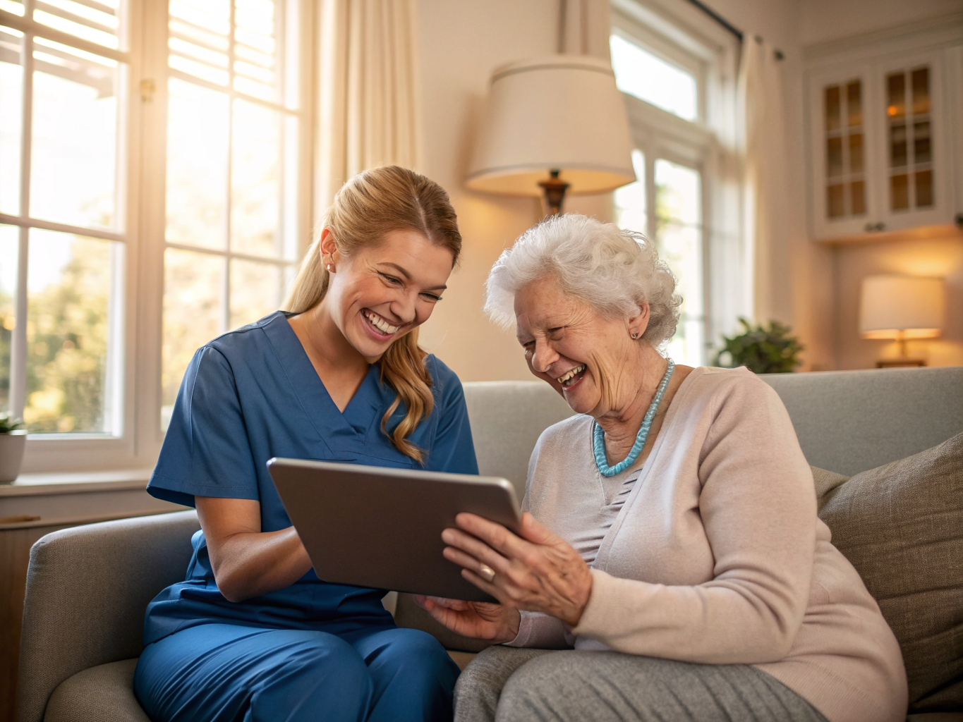 24-hour caregiver helping senior video call family at Cedar Crest Village Pompton Plains NJ — technology connection