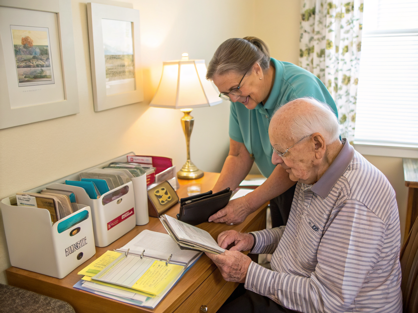 24-hour caregiver helping senior organize wallet and documents at Cedar Crest Village Pompton Plains NJ — daily task support