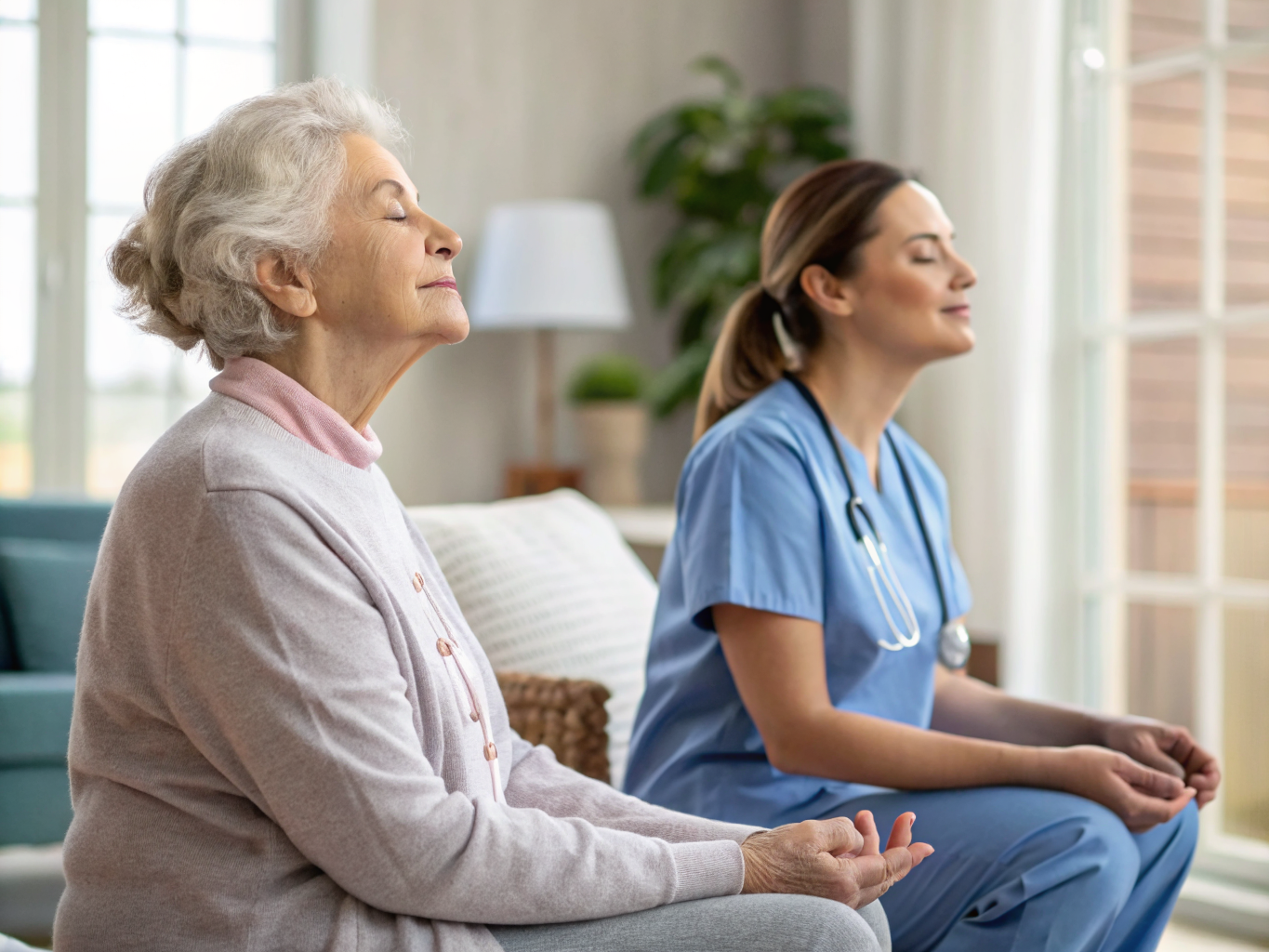 24-hour caregiver doing breathing exercises with senior at Cedar Crest Village Pompton Plains NJ — morning wellness