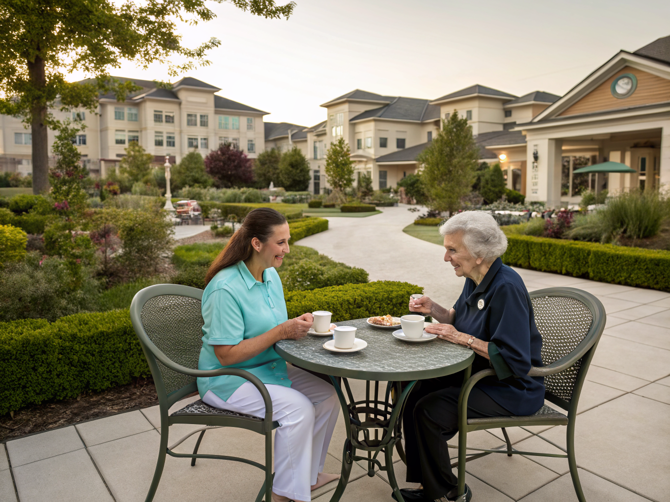 Companion aide at Cedar Crest Village Pompton Plains NJ — tea on retirement community patio with senior