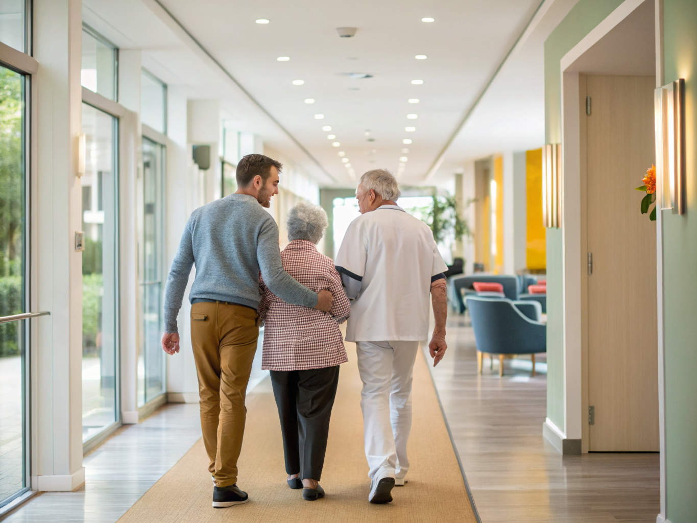 Companion aide escorting senior couple through Erickson retirement community hallway in Morris County NJ